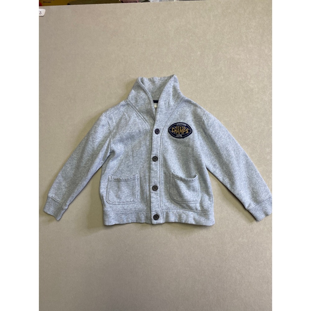 Gymboree Boys Size S 5-6 Gray Varsity Shawl Collar Fleece Button CardiganSweater